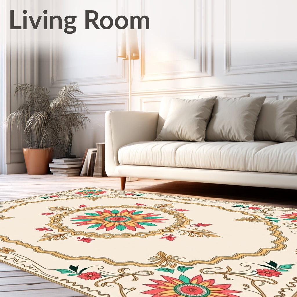 Ornate Floral Medallion Border Design Rug