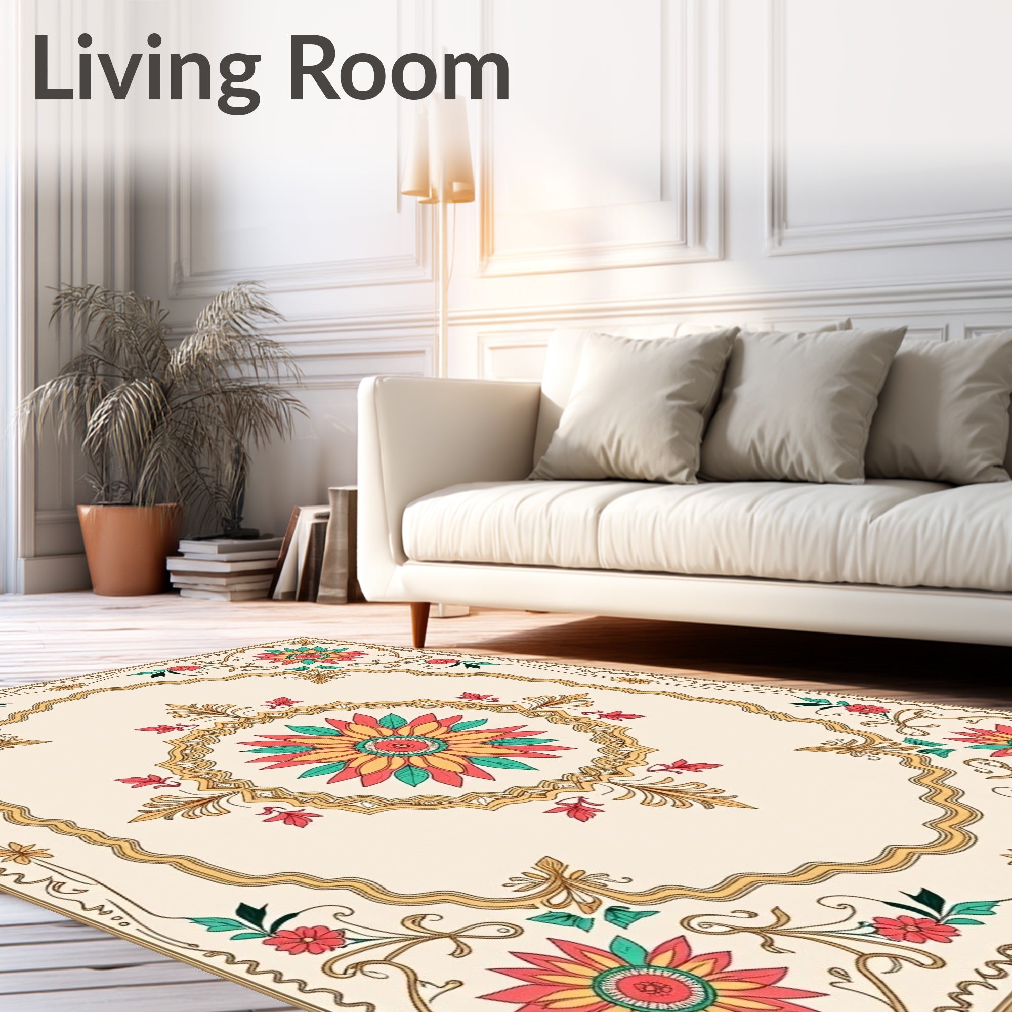 Ornate Floral Medallion Border Design Rug