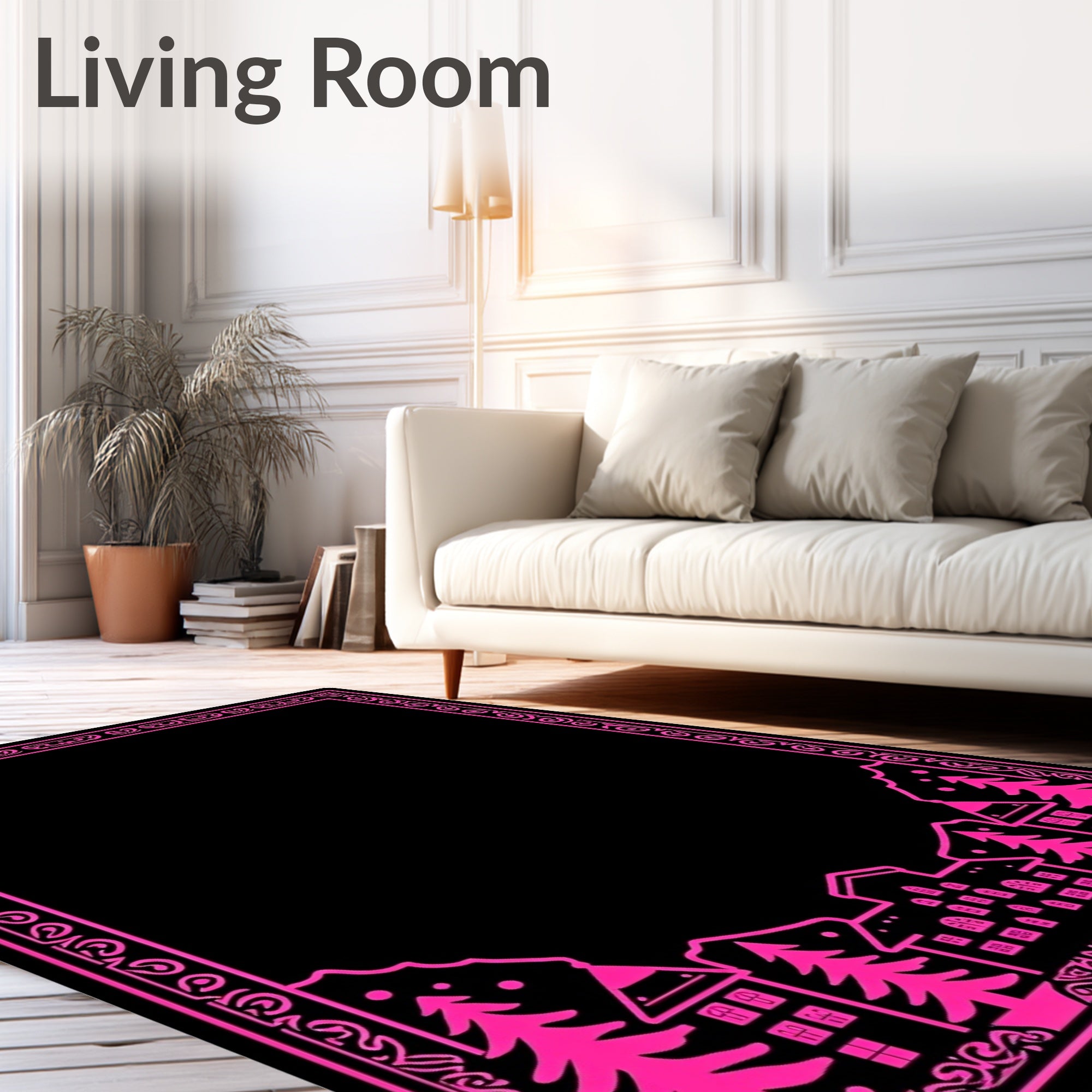 Vibrant Pink Village Mountain Border Rug