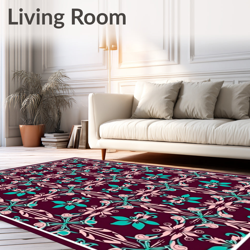 Regal Teal Pink Floral Scroll Rug