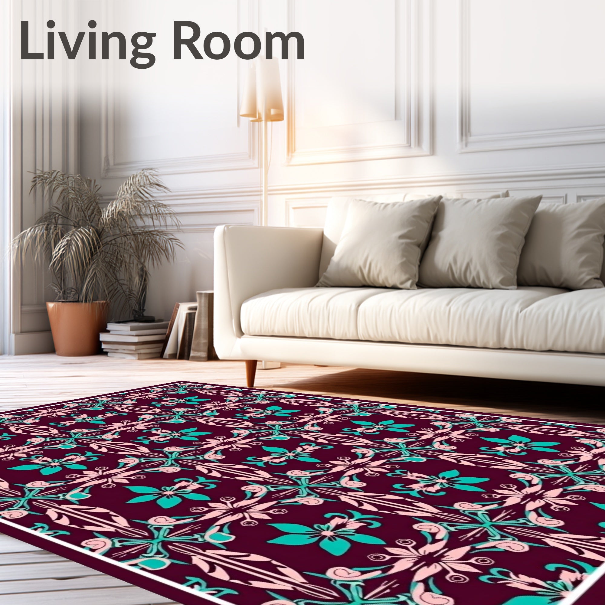 Regal Teal Pink Floral Scroll Rug