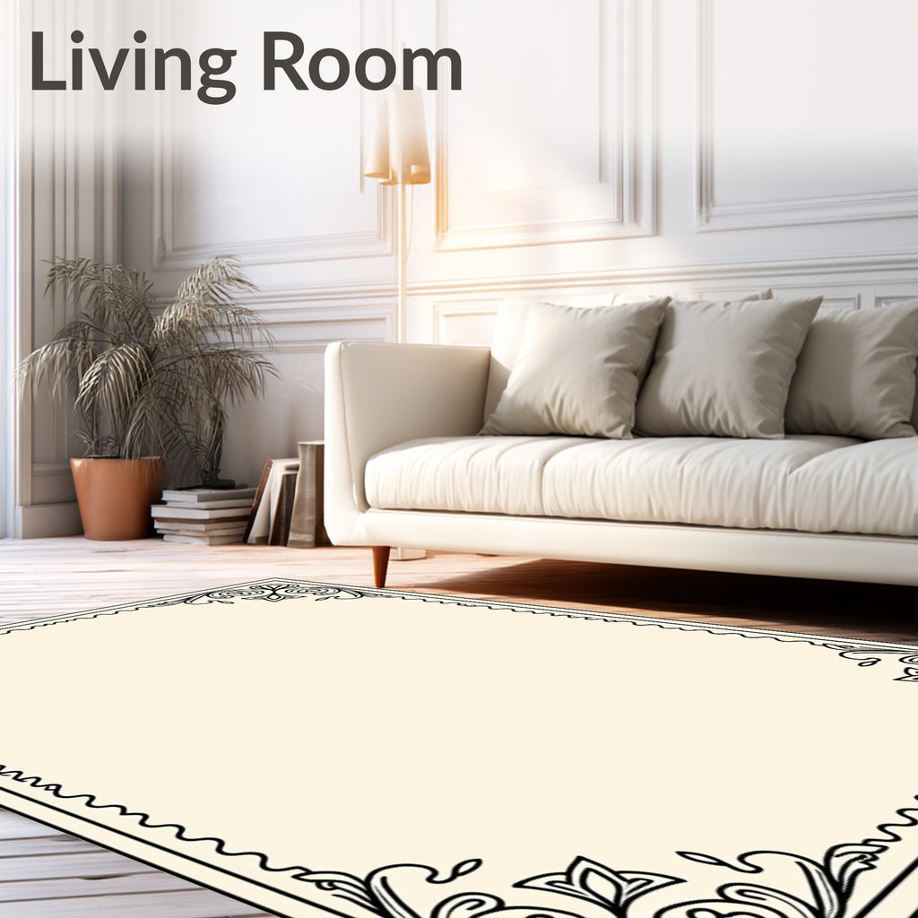 Ornate Black Scroll Floral Design Rug