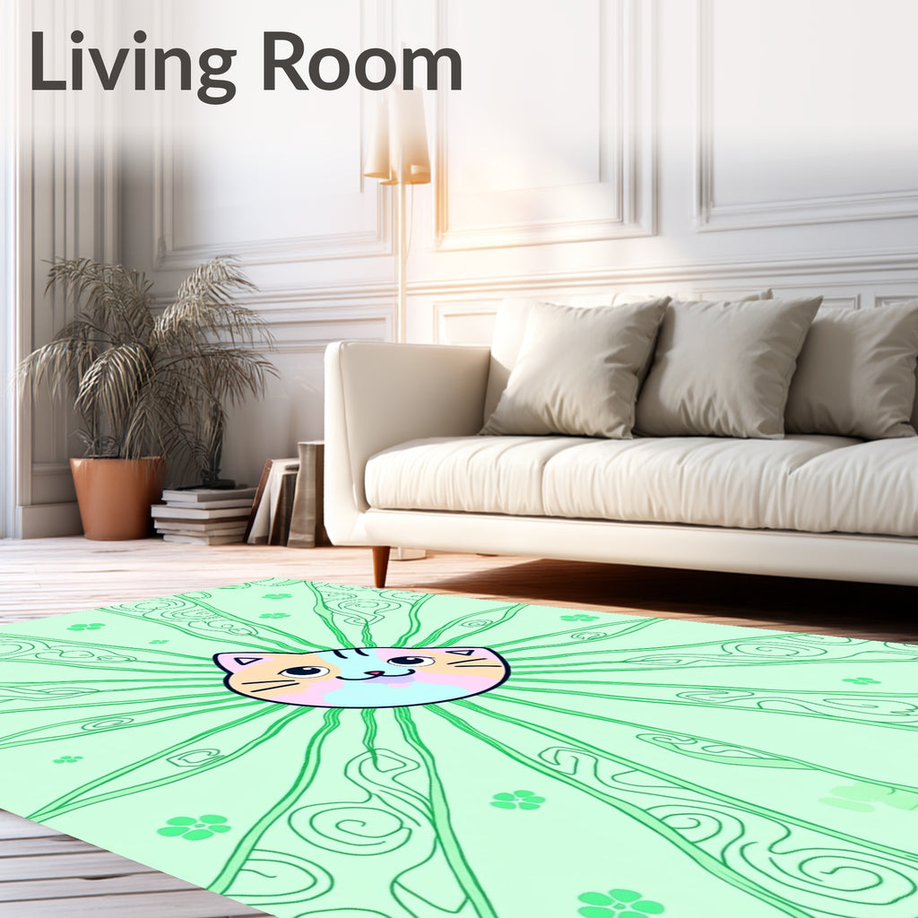 Cute Cat Face Green Swirls Rug
