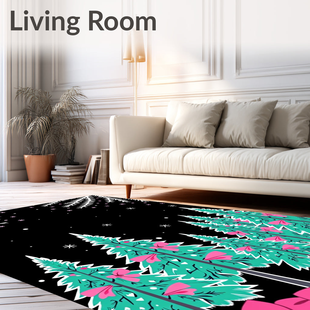 Pink Bow Teal Christmas Tree Forest Rug