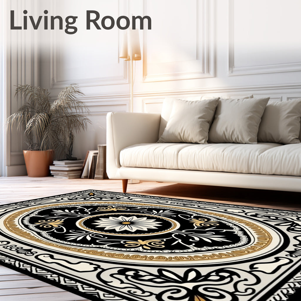 Ornate Floral Black Gold Cream Rug