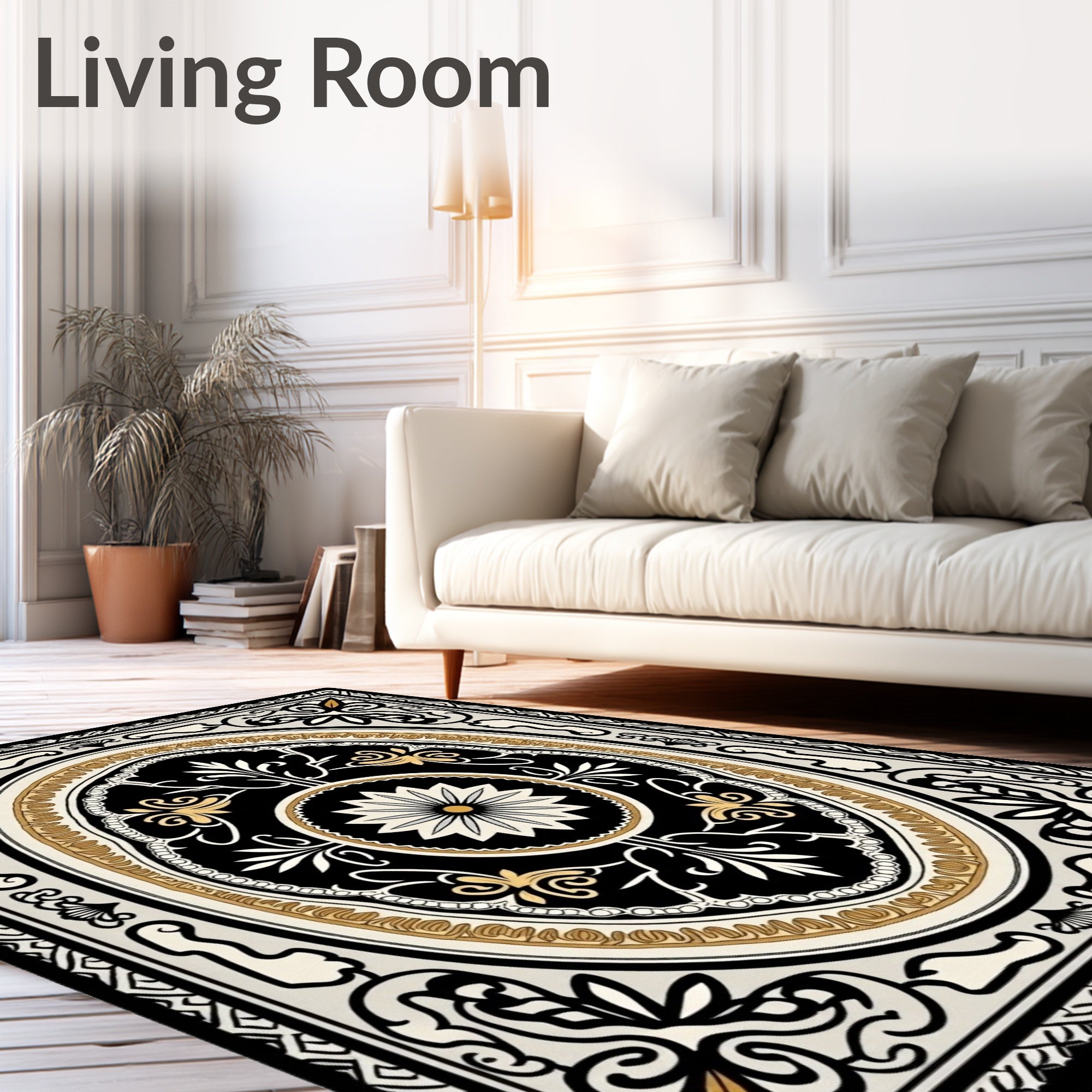Ornate Floral Black Gold Cream Rug