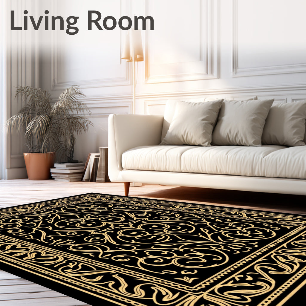 Ornate Golden Black Floral Pattern Rug