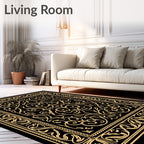 Ornate Golden Black Floral Pattern Rug