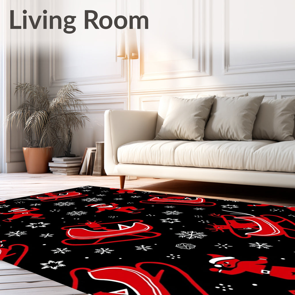 Red Santa Sleigh Snowflake Holiday Scene Rug