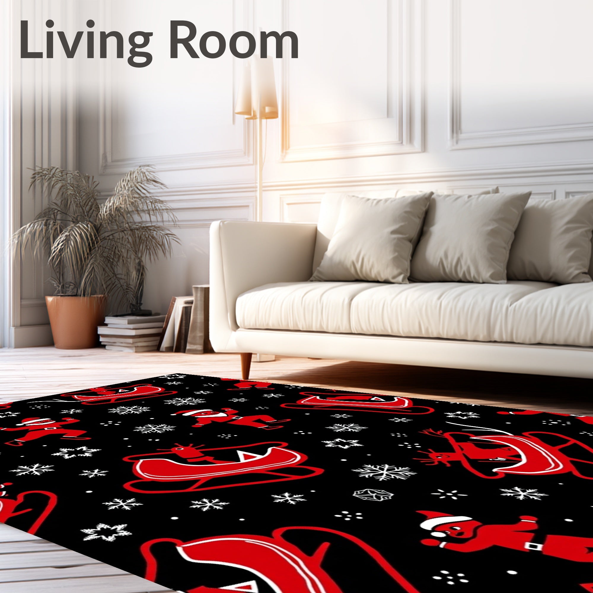 Red Santa Sleigh Snowflake Holiday Scene Rug