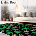 Green Christmas Trees Snowflakes Black Rug