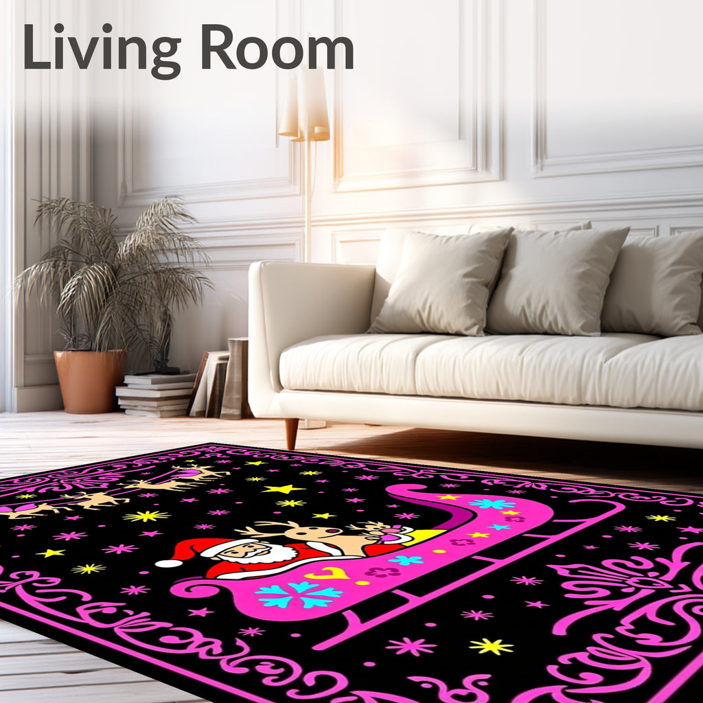 Pink Santa Sleigh Reindeer Christmas Night Rug