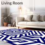 Bold White Navy Geometric Maze Design Rug