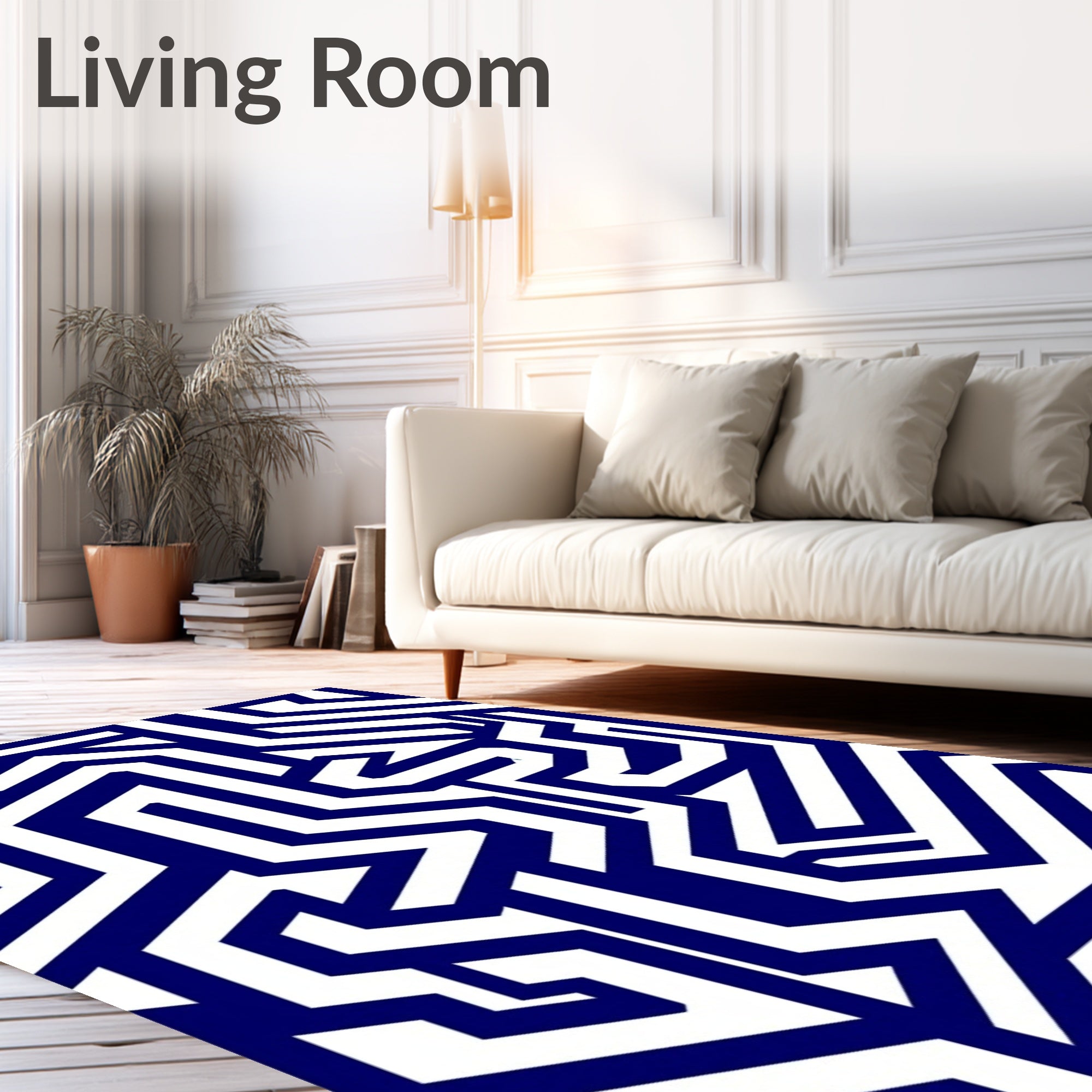 Bold White Navy Geometric Maze Design Rug