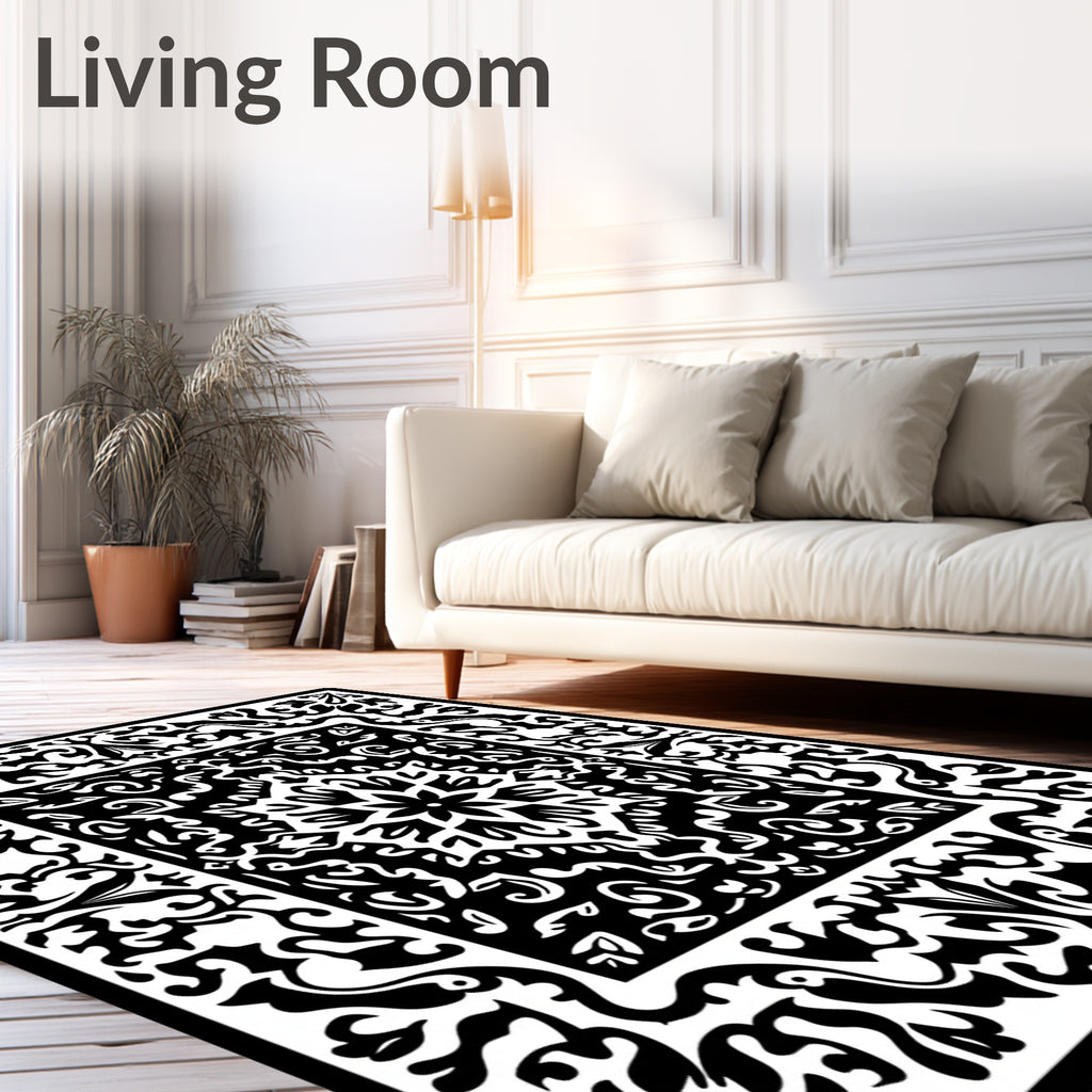 Intricate Floral Mandala Black White Rug