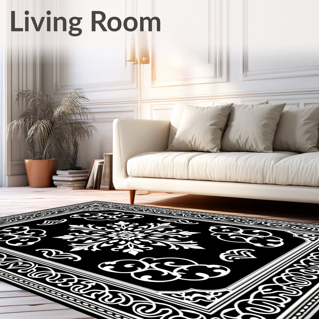 Elegant Black White Floral Pattern Rug