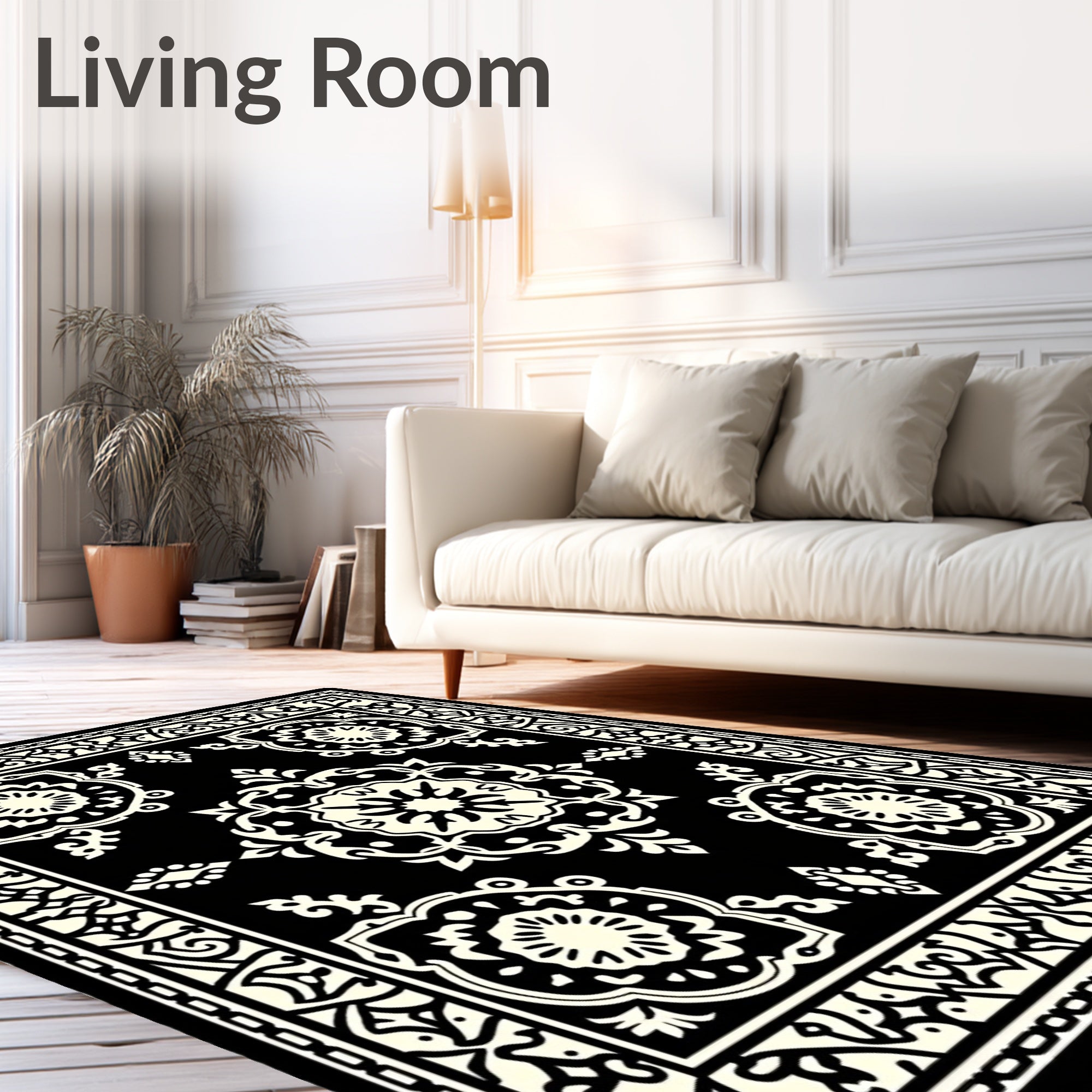 Classic Black Cream Floral Medallion Rug