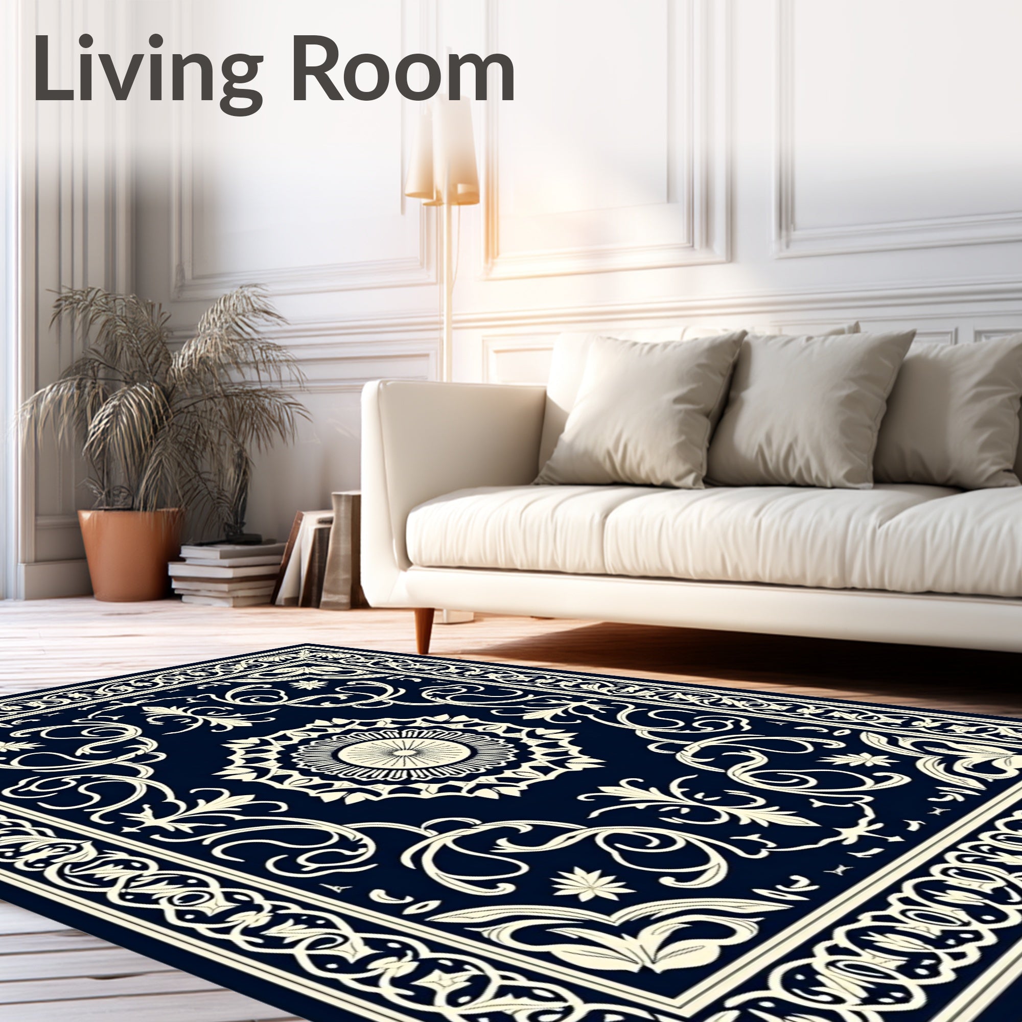 Ornate Floral Dark Blue Artwork Rug