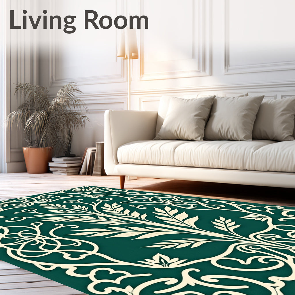 Elegant White Teal Floral Scroll Rug