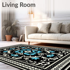 Black Blue Floral Traditional Ornament Rug