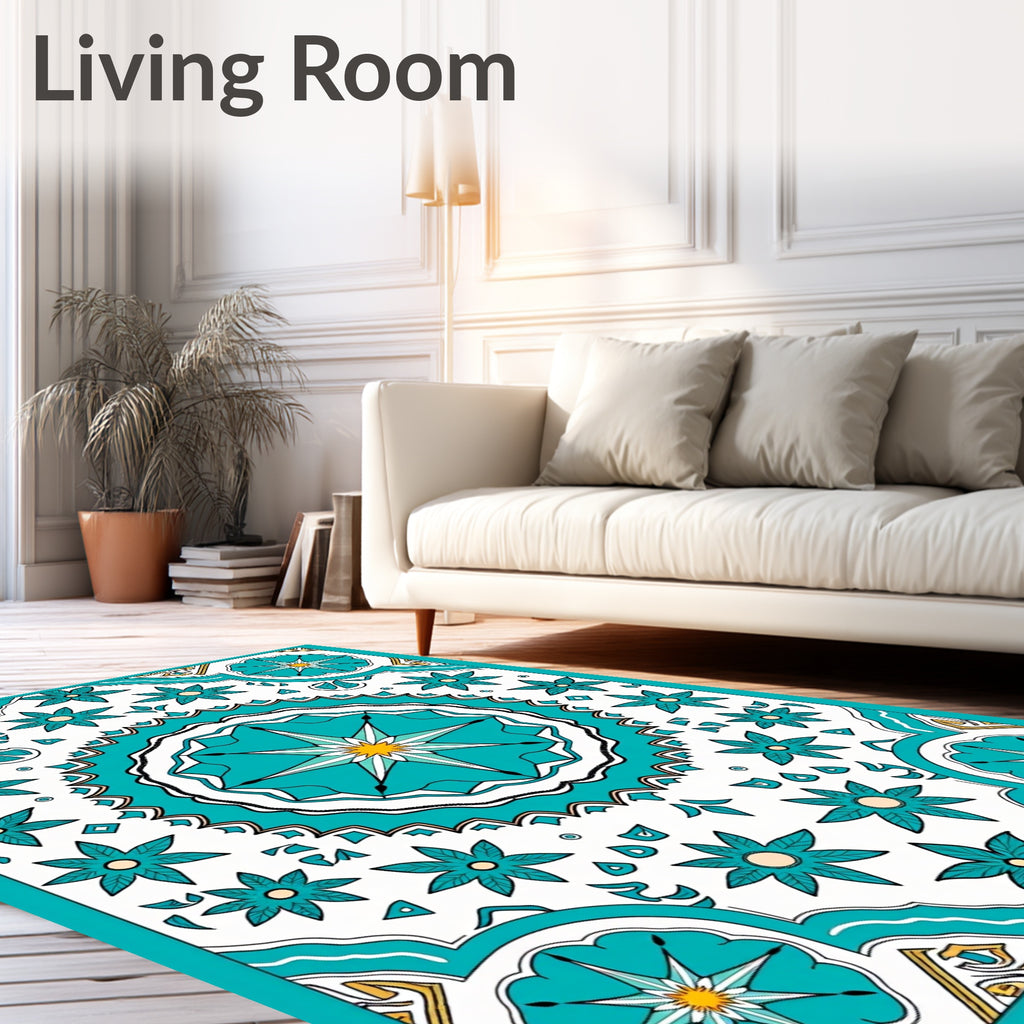 Teal Starburst Floral Mandala Pattern Rug