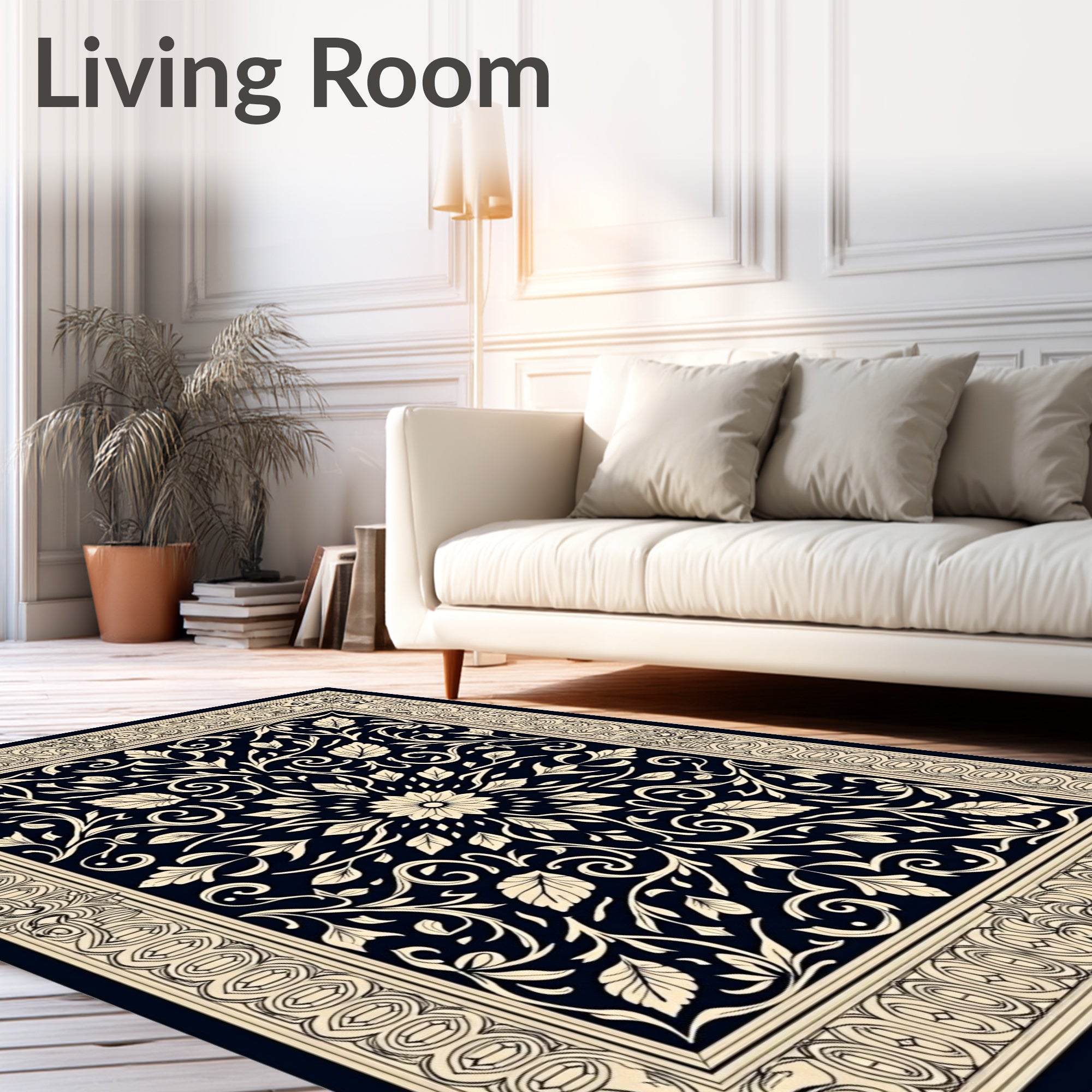 Black Ivory Floral Scrollwork Vintage Design Rug
