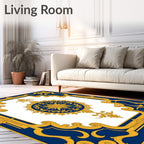 Elegant Blue Gold Ornate Medallion Rug