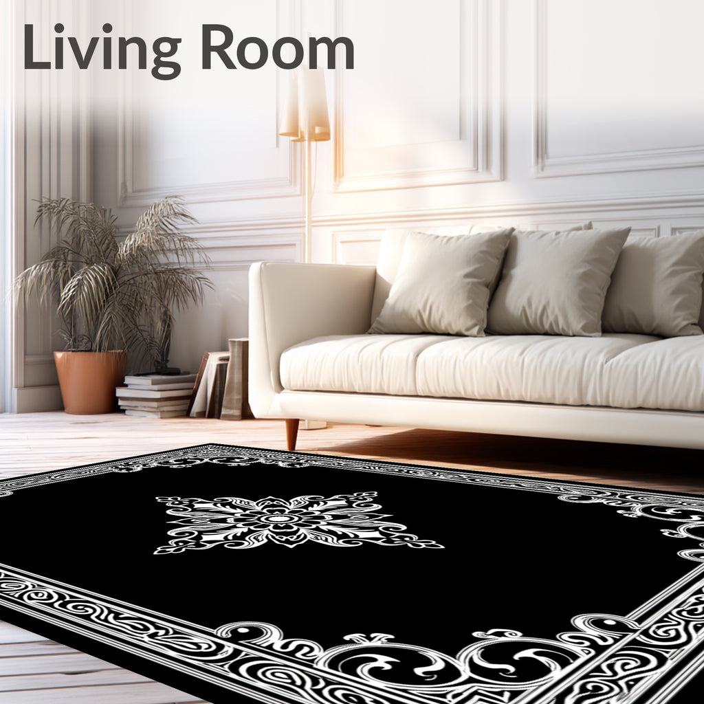 Ornate Black White Floral Frame Rug