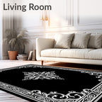 Ornate Black White Floral Frame Rug