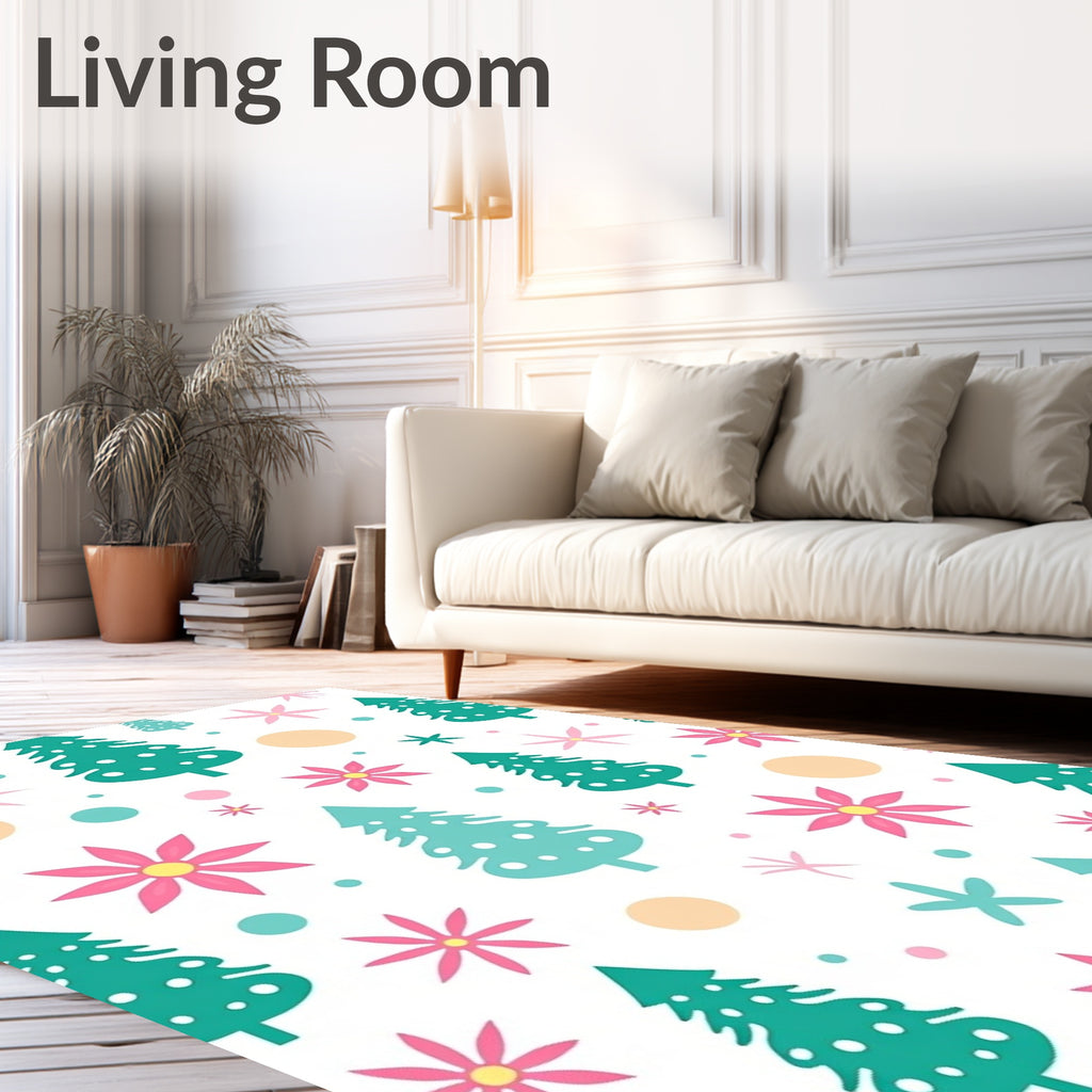 Whimsical Teal Christmas Tree Floral Clusters Rug