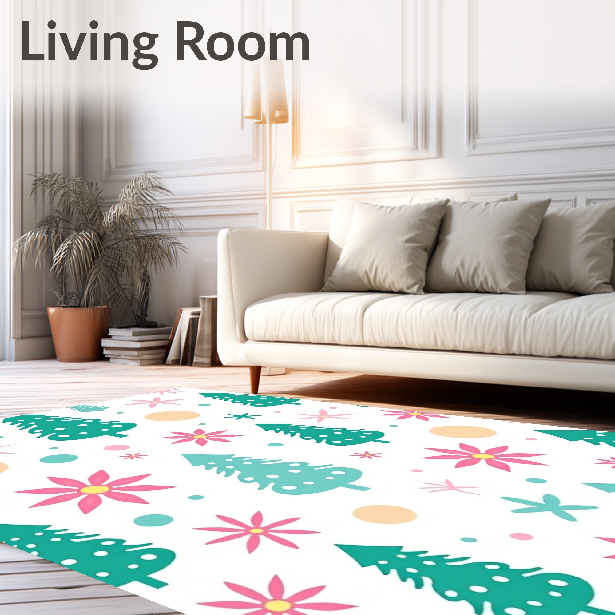 Whimsical Teal Christmas Tree Floral Clusters Rug