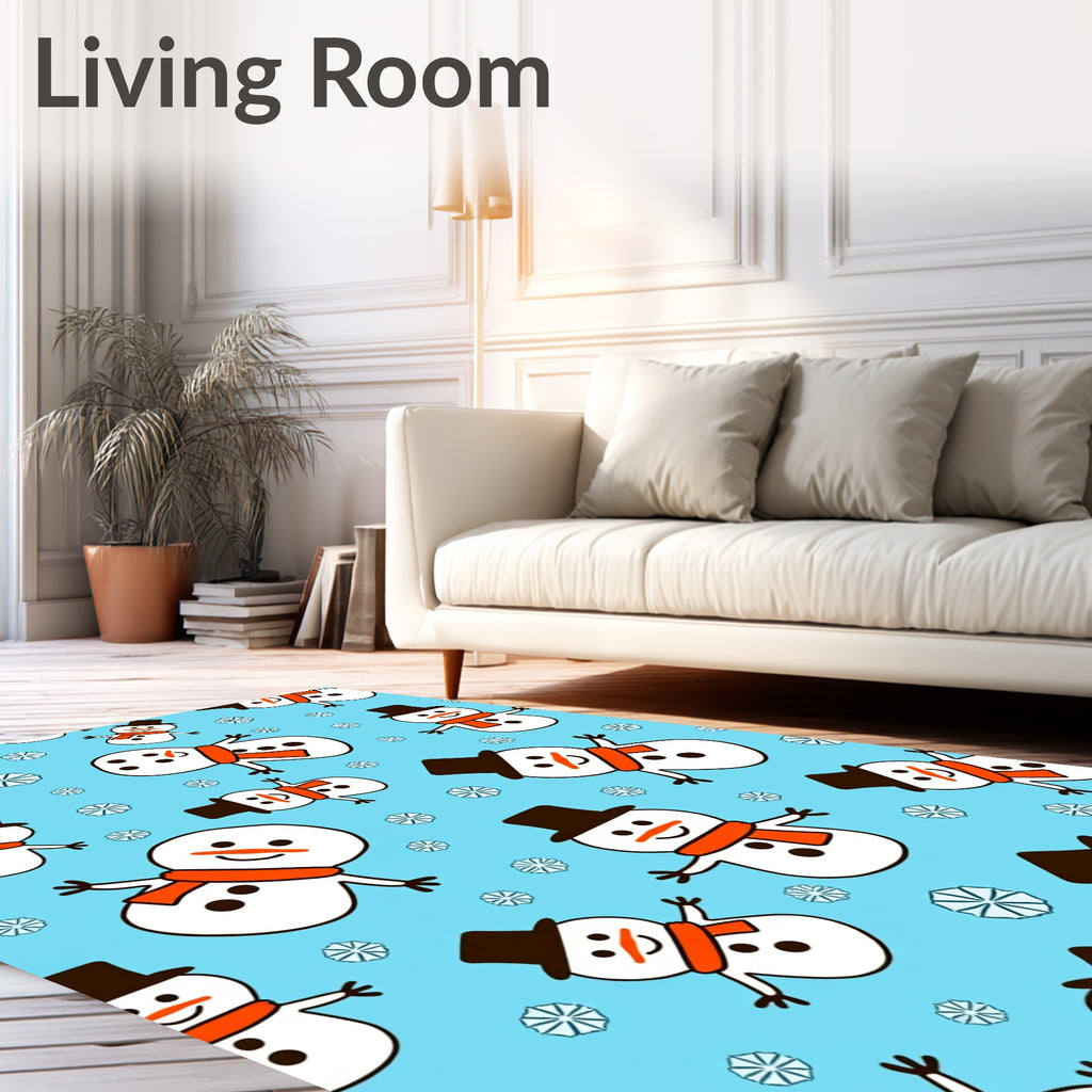 Happy Snowmen Orange Scarf Blue Background Rug