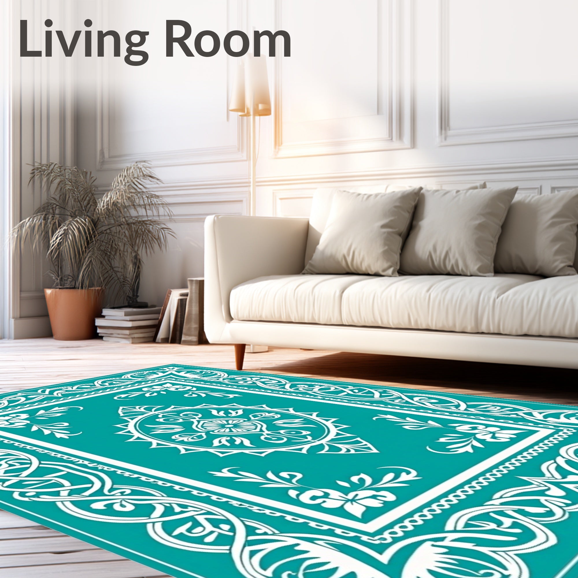 Teal White Intertwined Floral Medallion Rug