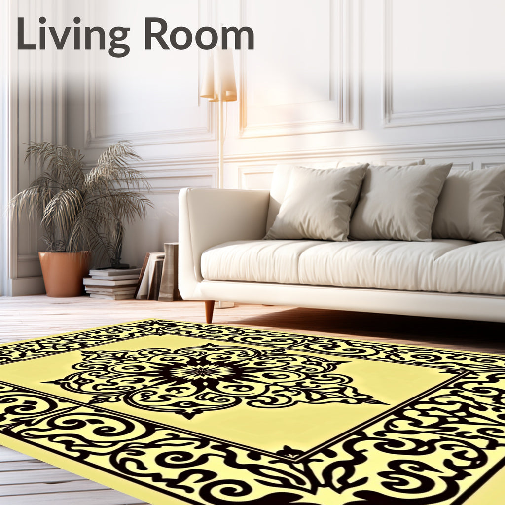 Intricate Black Floral Swirl Medallion Rug