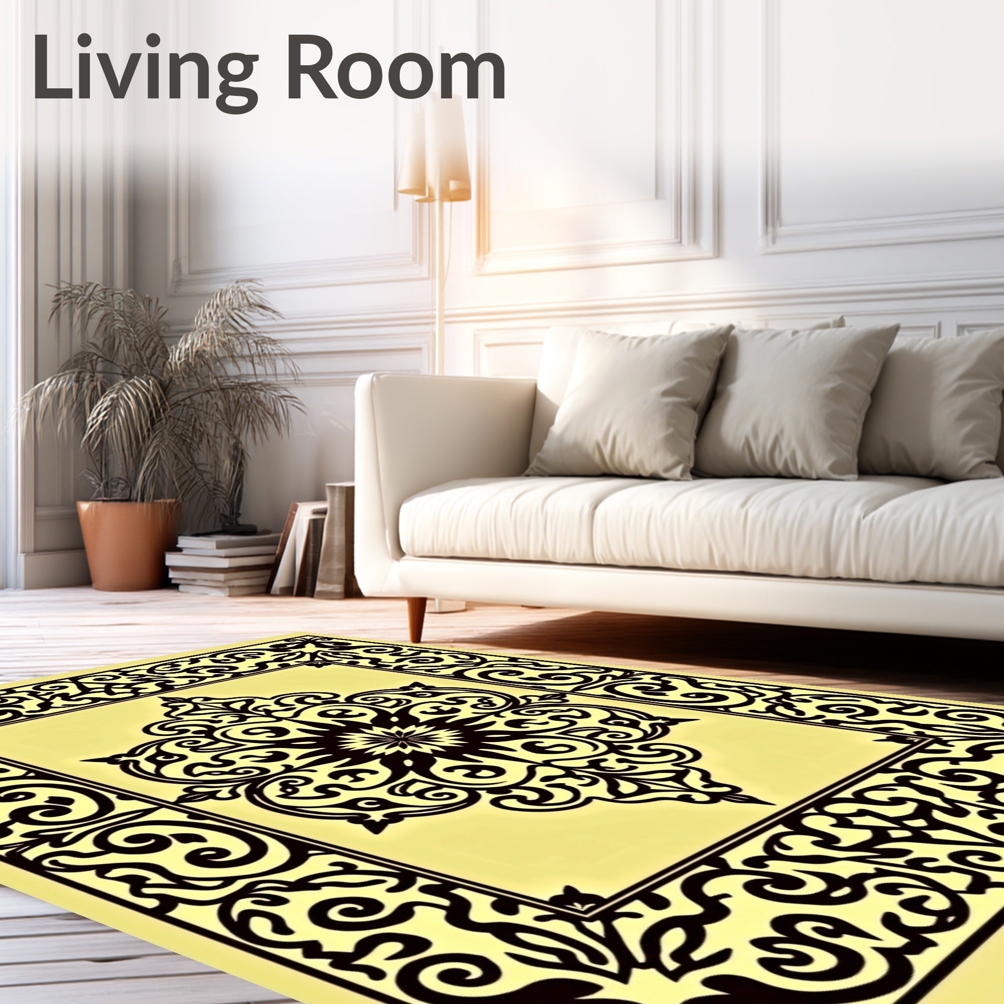 Intricate Black Floral Swirl Medallion Rug