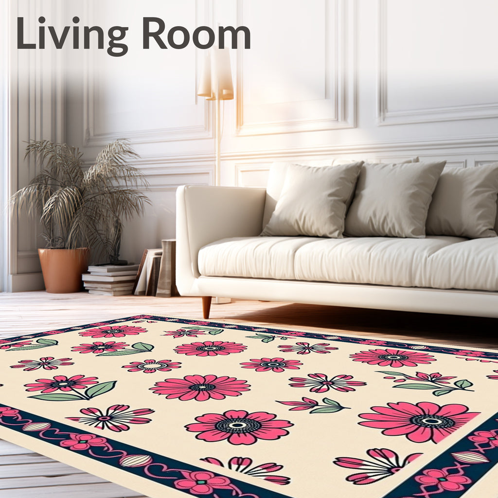 Floral Blossom With Dark Navy Border Rug
