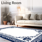 Navy Floral Scroll Border Design Rug