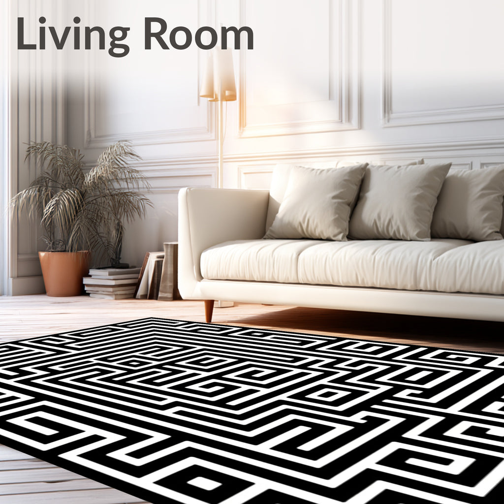Black White Geometric Maze Pattern Rug