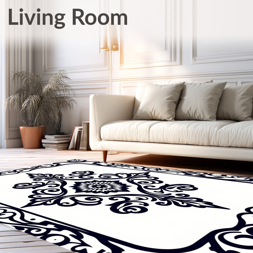 Black White Ornate Floral Pattern Rug