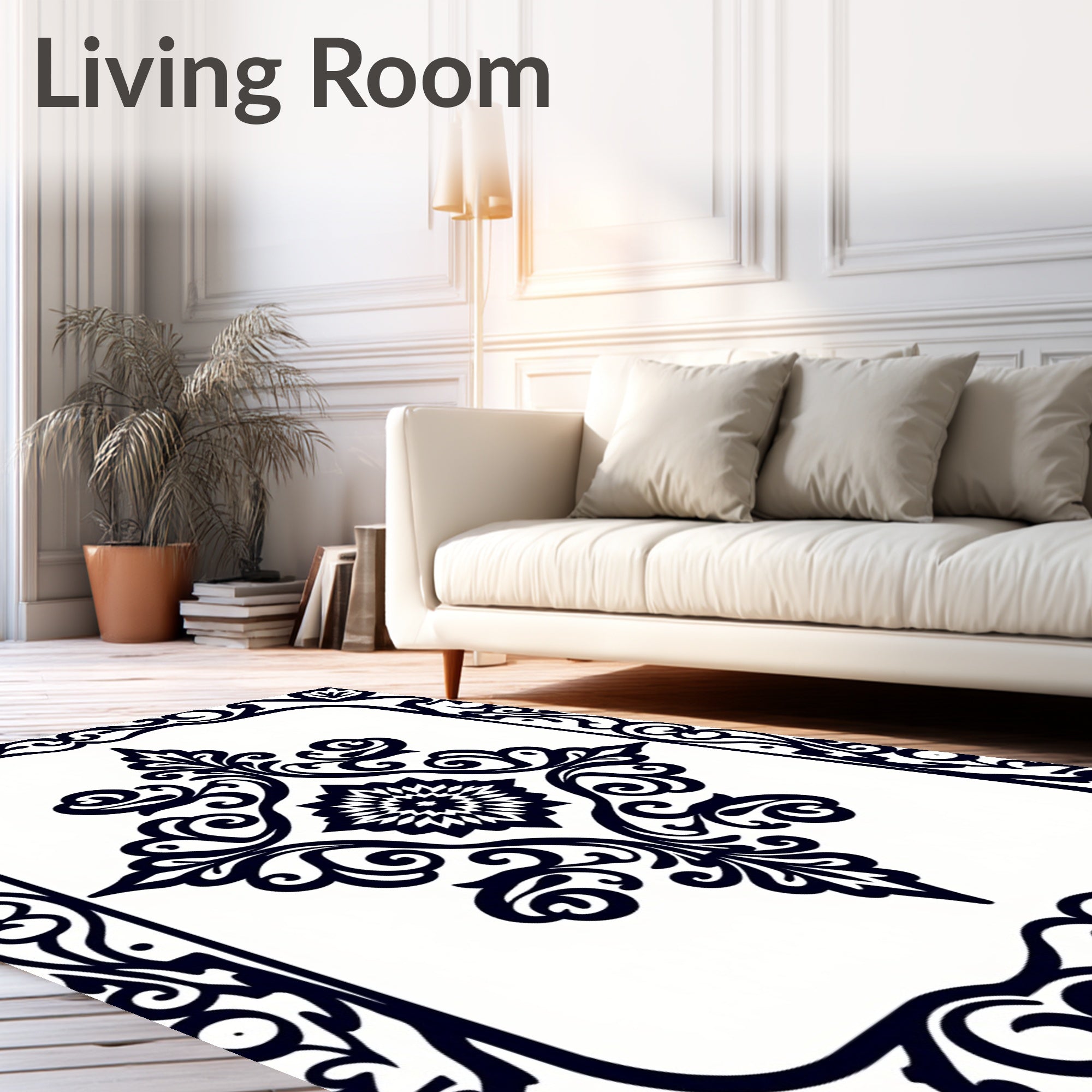 Black White Ornate Floral Pattern Rug