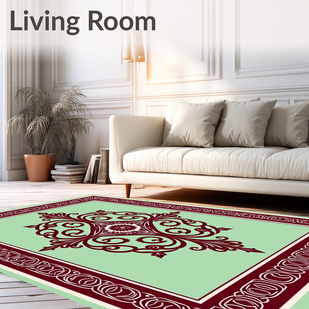 Maroon Pale Green Ornate Floral Design Rug