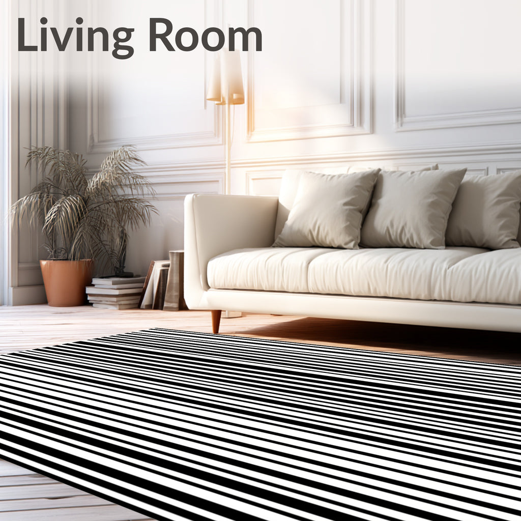 Bold Black White Vertical Stripe Design Rug