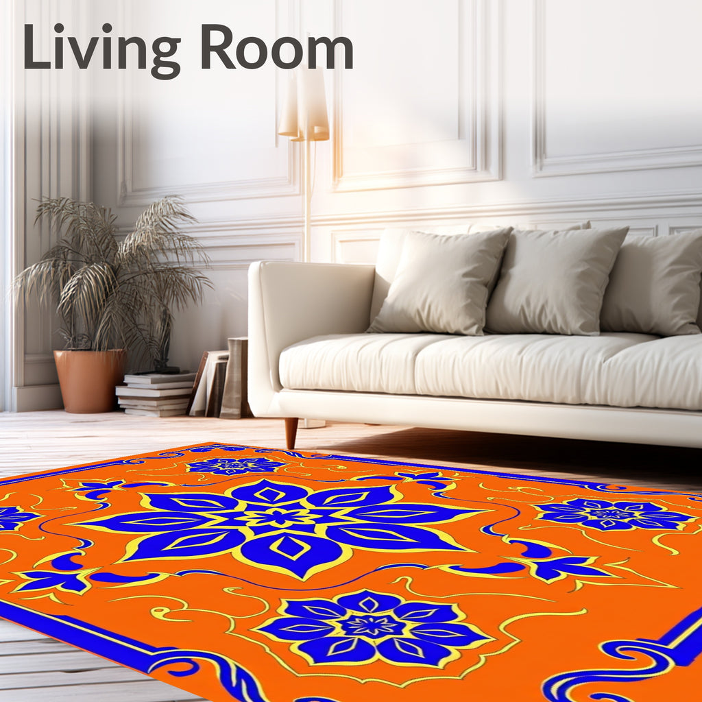 Vibrant Blue Gold Floral Medallion Rug