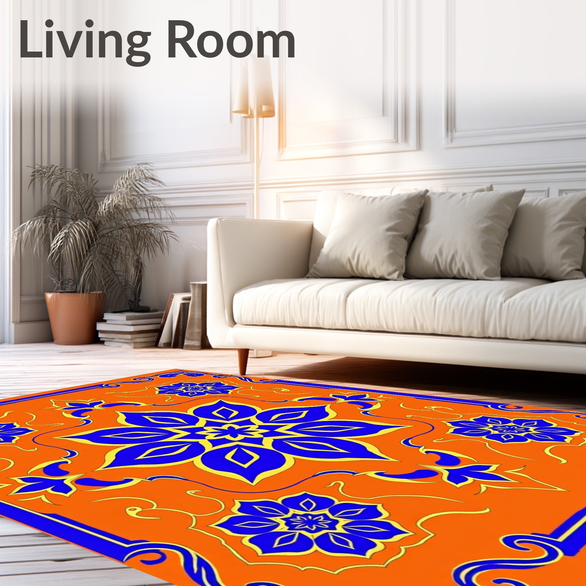 Vibrant Blue Gold Floral Medallion Rug