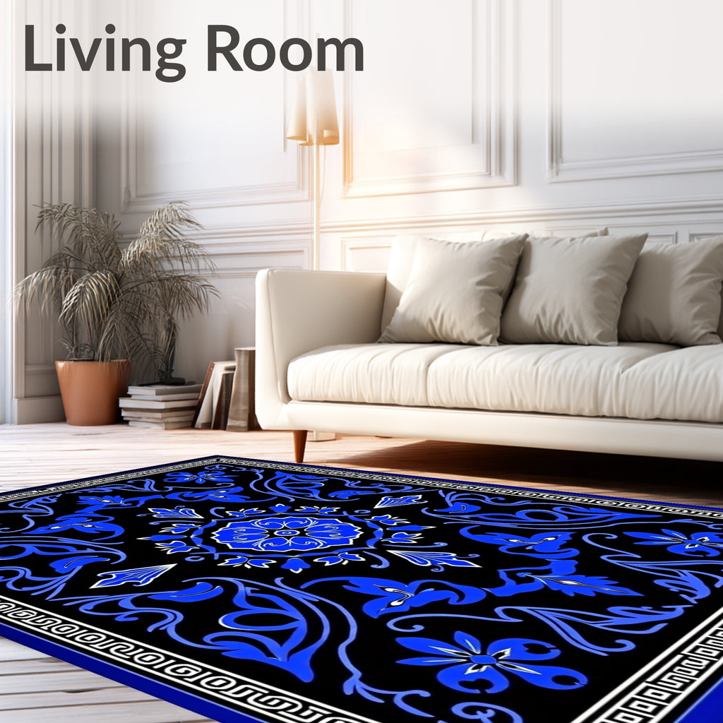 Royal Blue Floral Bordered Pattern Rug