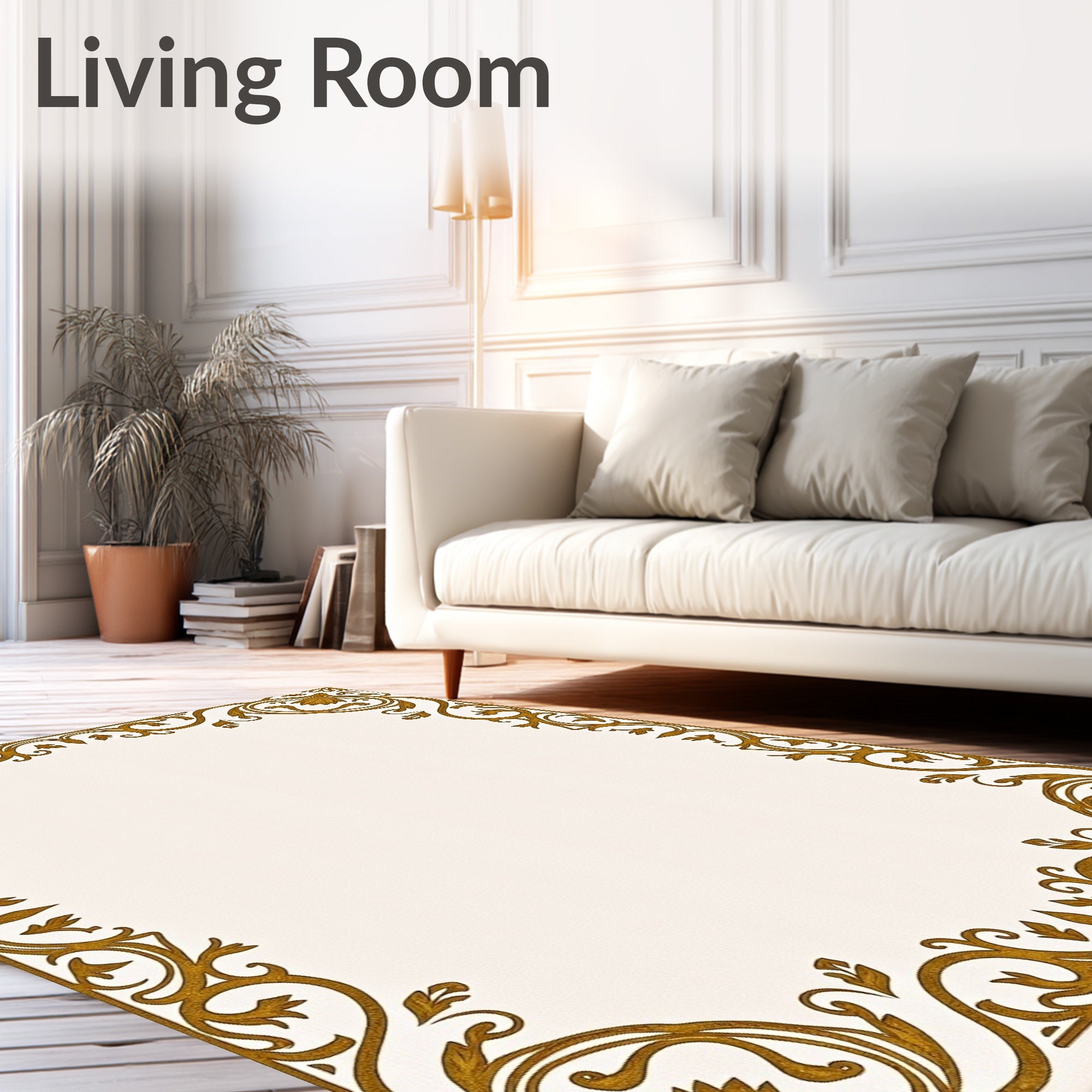 Ornate Gold Floral Scroll Border Rug