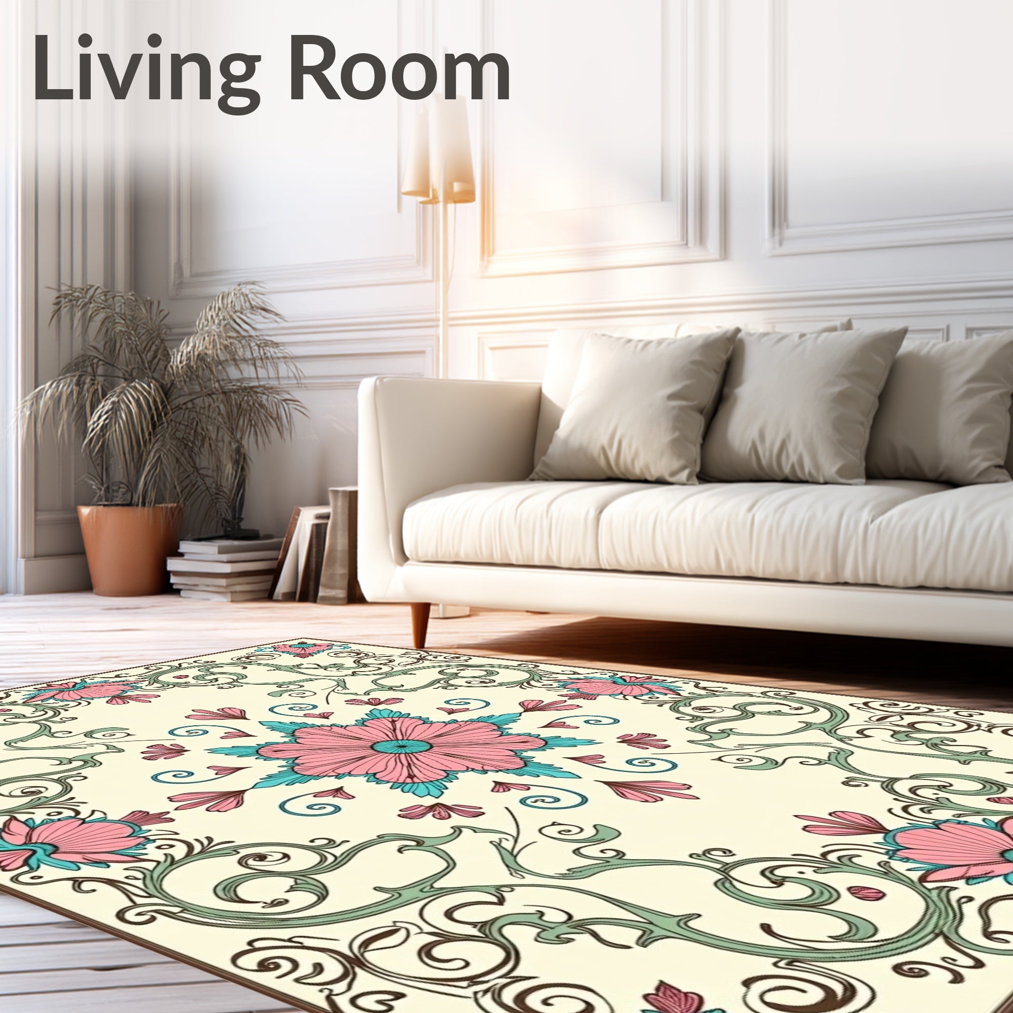 Elegant Pink Teal Floral Scrollwork Design Rug