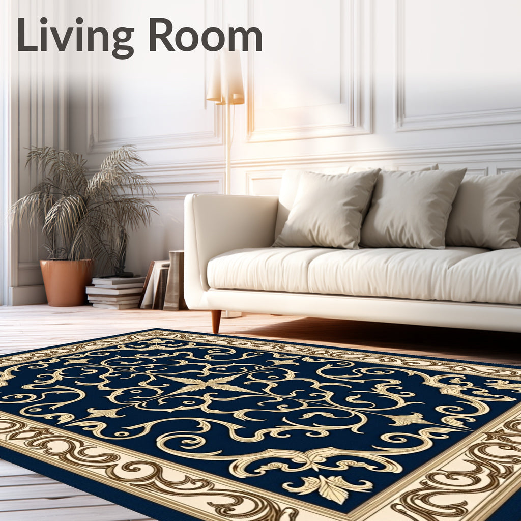 Ornate Scrollwork Navy Gold Accent Rug