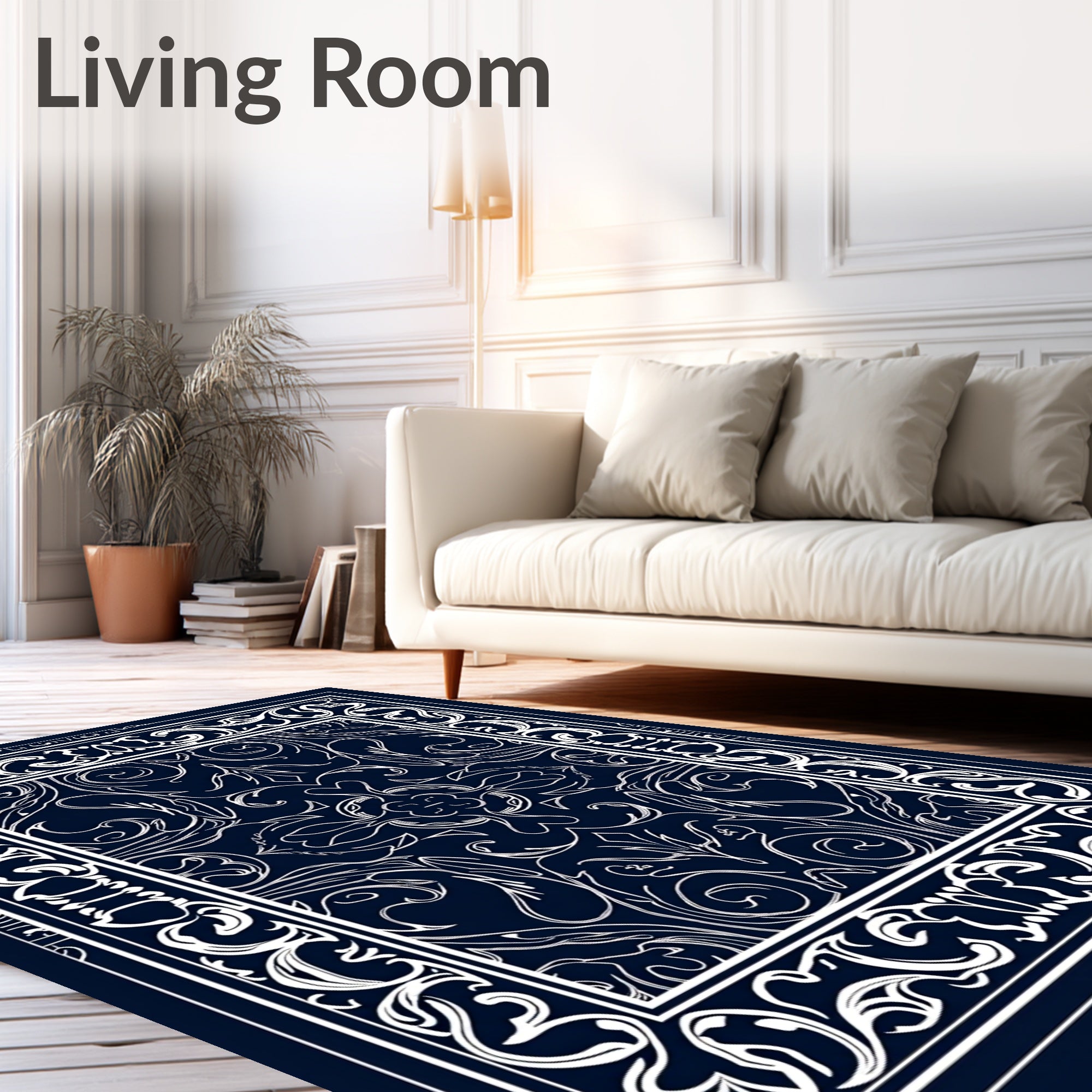 Ornate White Flourish on Navy Rug