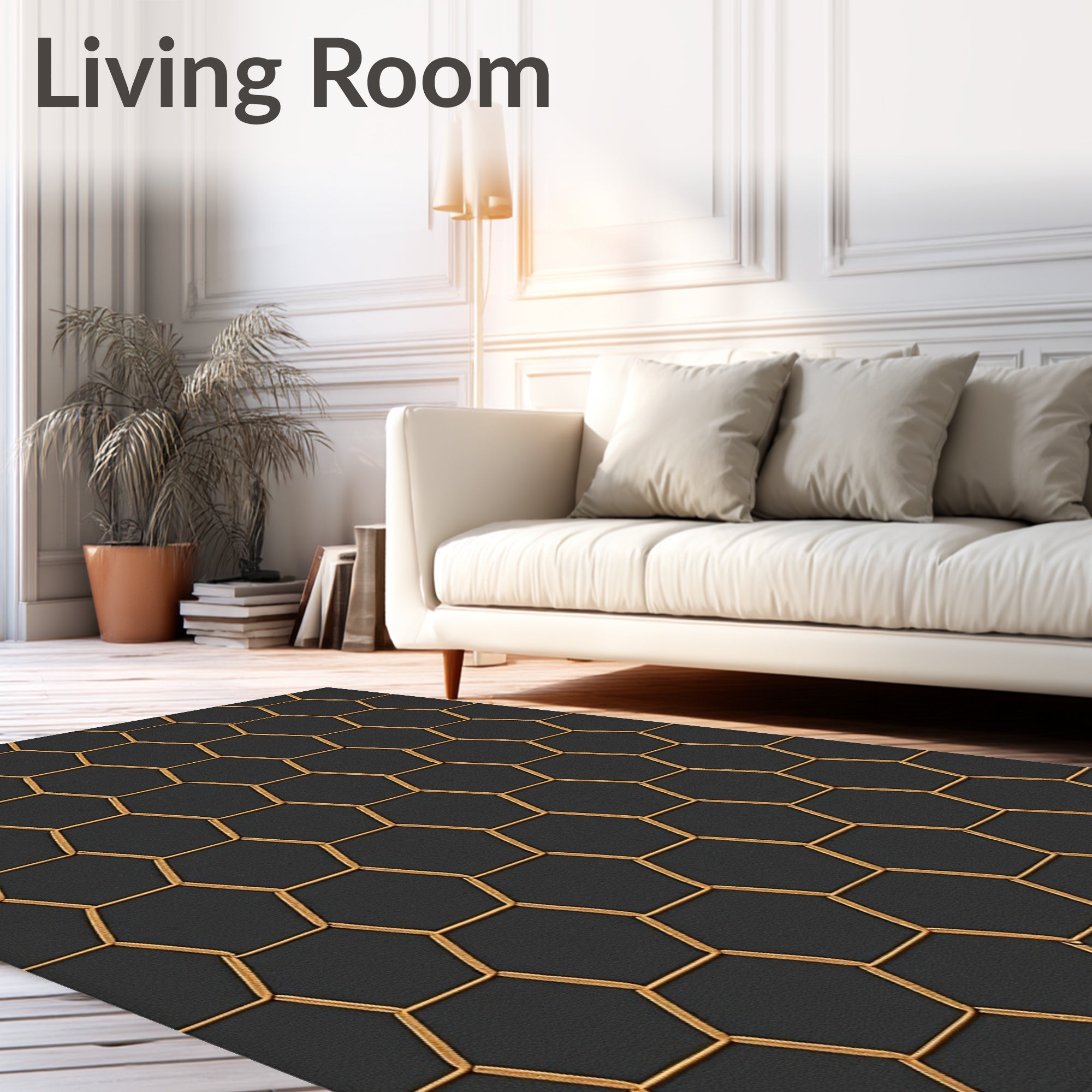 Black Gold Hexagonal Geometric Design Rug
